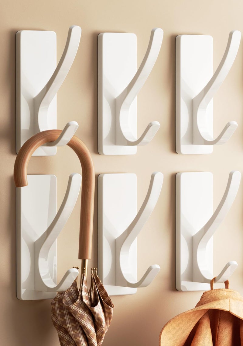 pickpiff Self Adhesive Coat Hooks for Hanging, Heavy Duty Stainless Double Wall Hook for Towel, Backpack, Hat, Sturdy Metal Hanger for Bathroom, Bedroom, Door, Wall Mounted, 6 Pack, White - Image 1